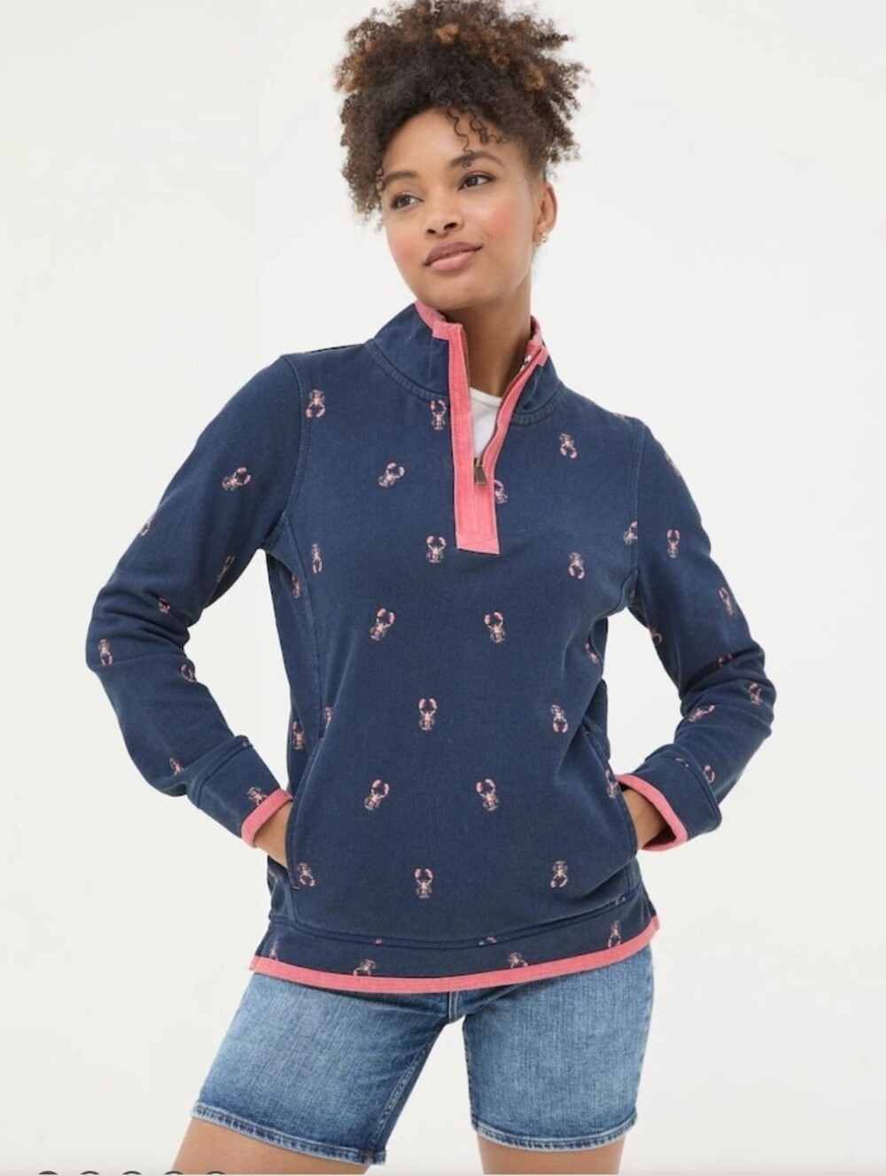 Fat Face Airlie Navy Coral Lobster 1/4 Zip Pullover Womens S Coastal Preppy Top